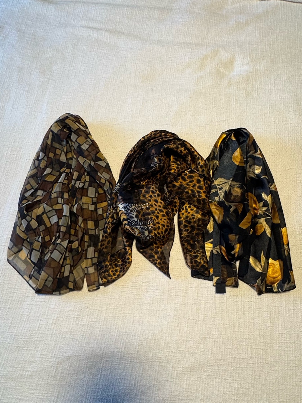 Set of 3 Lightweight Scarves - Brown, Black & Gold Tones